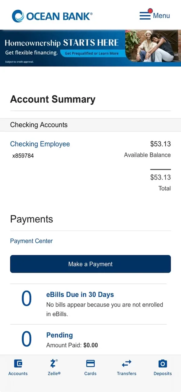 Ocean Bank Mobile Banking screenshot 1