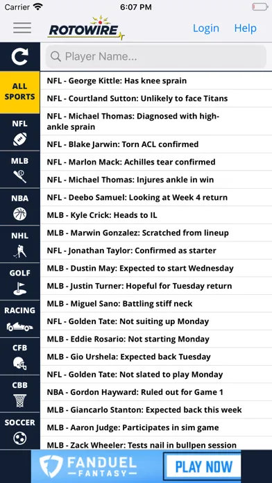 RotoWire Fantasy News Center screenshot 1