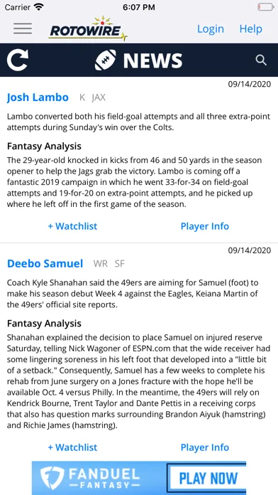 RotoWire Fantasy News Center screenshot 3