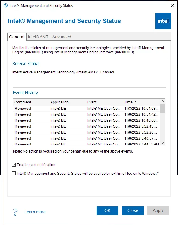 Intel(R) Management and Security Status screenshot 1
