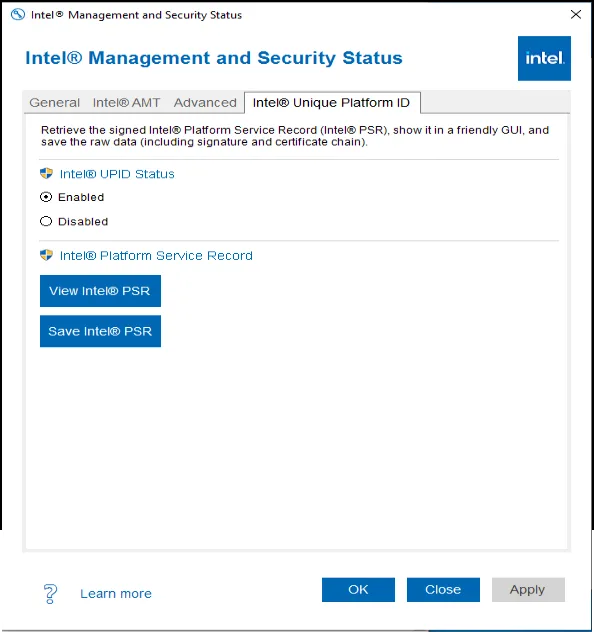 Intel(R) Management and Security Status screenshot 2