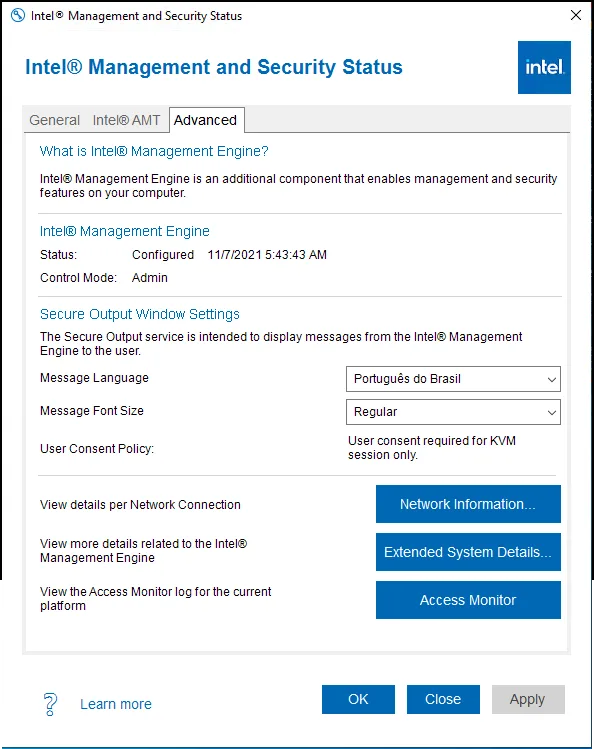 Intel(R) Management and Security Status screenshot 3