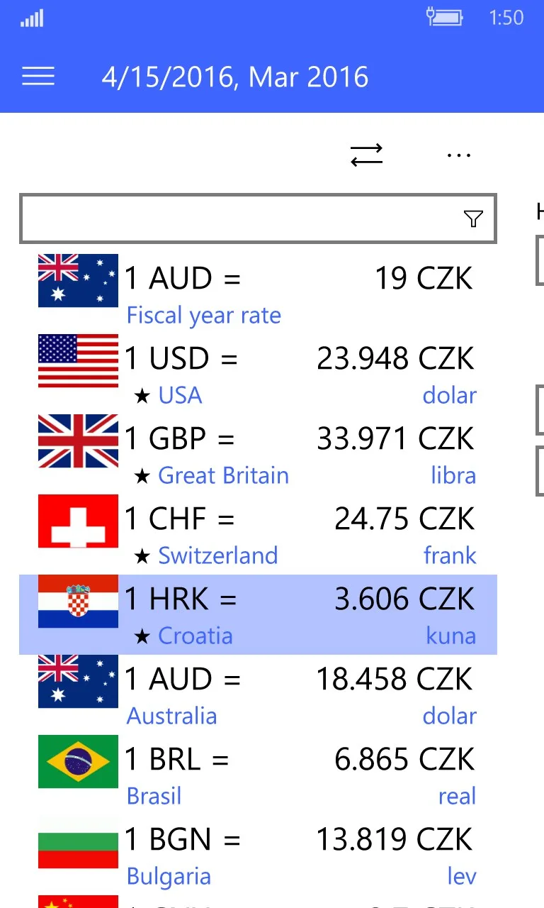 CZK exchange rates screenshot 2
