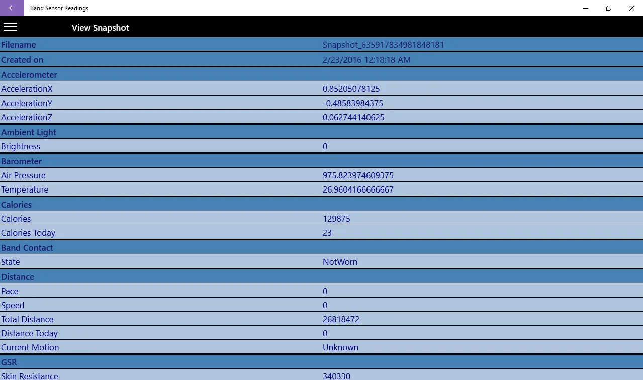 Band Sensor Readings screenshot 2