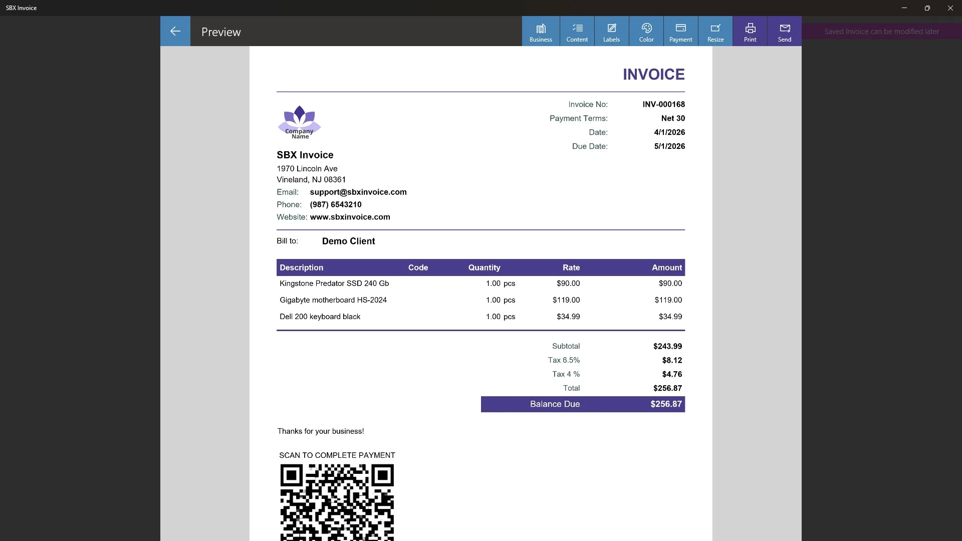 SBX Invoice screenshot 2