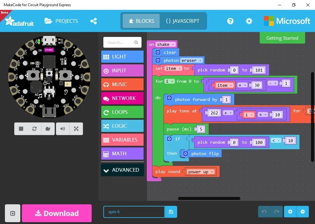MakeCode for Adafruit screenshot 1
