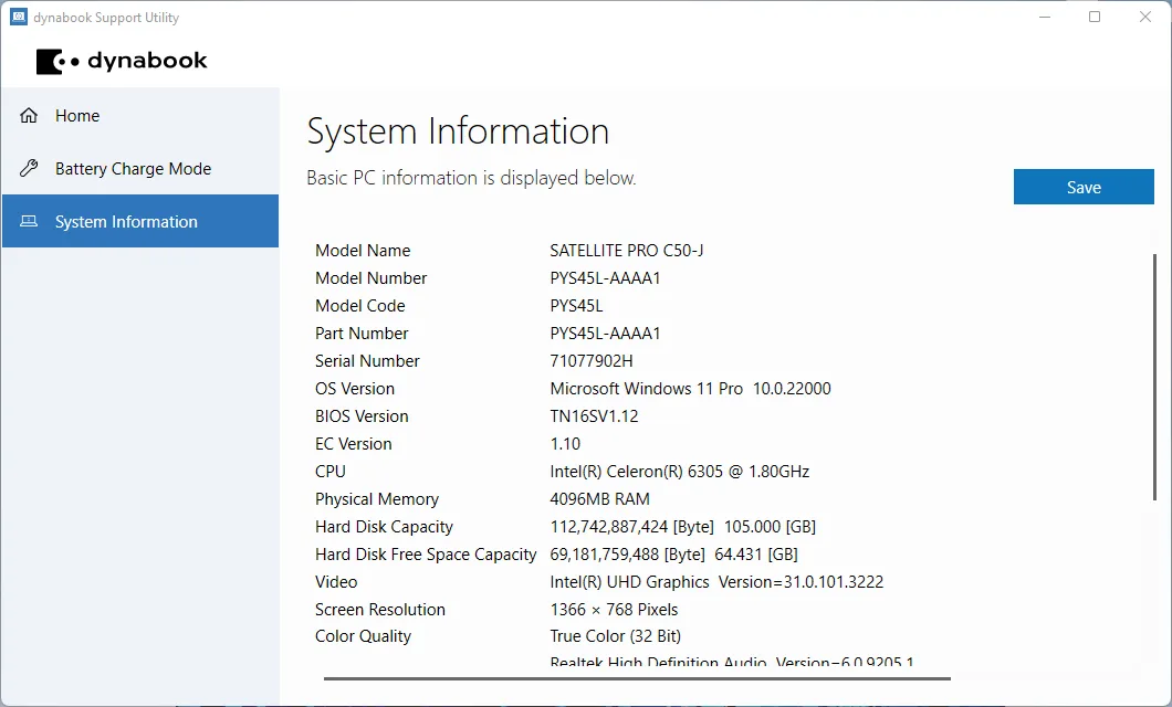dynabook Support Utility screenshot 3