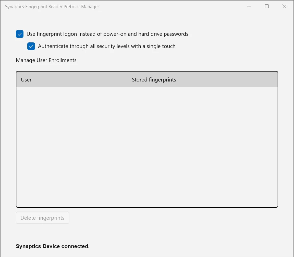 Synaptics Fingerprint Reader Preboot Manager screenshot 1